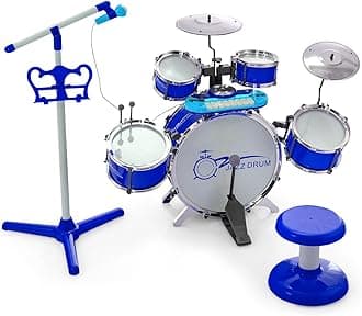 Costzon Kids Drum Keyboard Set with Stool & Microphone Stand, Jazz Drum Set with Cymbal, Multifunctional Digital Keyboard, DJ Kit, Music Stand, Percussion Instrument Toy for 3+ Boys & Girls (Blue)