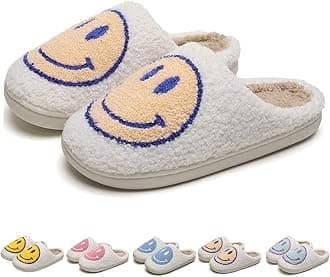 KEYUSHOP Happy Face Slippers for Kids Smile Face House Slippers Soft Plush Warm Preppy Slipper Anti-Slip Winter Fuzzy House Shoes for Toddler Girls