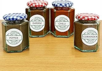 Indian Spices & Glass Jars for Kitchen- Essential Spices and Seasoning with Hexagonal Glass Jars | 4 Spices 4 Jars- Garam Masala Chilli Powder Black Pepper Coriander Ground 100g Each