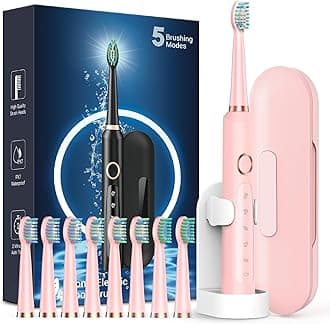 Rtauys Sonic Rechargeable Electric Toothbrushes for Adults with 8 Brush Heads & Travel Case,Teeth Whitening, Power Toothbrush with Holder, 3 Hours Charge for 120 Days - Pink