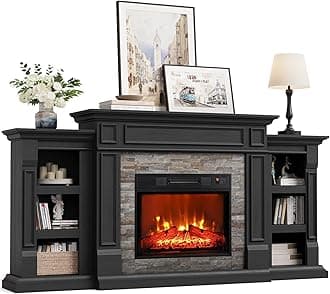 Naice 72" Electric Fireplace with Mantel and Cabinets, Fireplace TV Stand for Living Room Bedroom, Stacked Stone Surround and Remote Control 3D Realistic Flame, Black