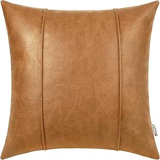 BRAWARM Tan Leather Throw Pillow Covers 16 X 16 Inches - Faux Leather Pillow Cover with Piping, Hand Stitched Leather Throw Pillow for Couch Sofa Bed Living Room Home Decorative