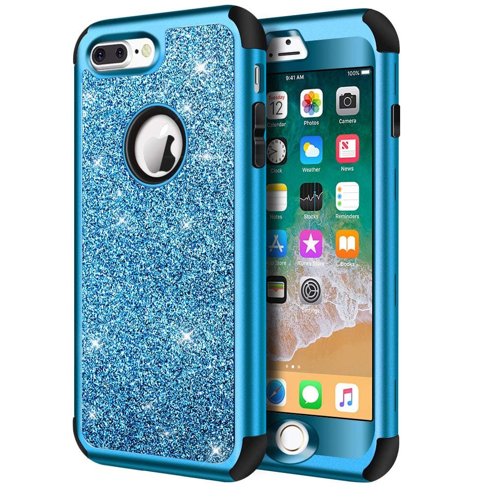 Hython iPhone 8 Plus/7 Plus Case - Heavy Duty Defender, Bling Glitter Sparkle Hard Shell Hybrid, Shockproof Rubber Bumper Cover, Blue