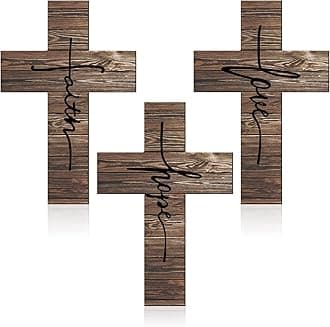 Jetec 3 Pieces Faith Love Hope Cross Sign Wood Wall Hanging Cross Rustic Cross Wall Decor Vintage Cross Wall Art Religious Love Cross Wall Decor Farmhouse Home Hanging Decor, 12 x 8 Inch (Brown)