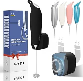 Magnetic Base Milk Frother Wand with Stand Battery Operated (not incl.) Handheld Electric Matcha Whisk Drink Mixer for Coffee, Latte, Hot Chocolate Gifts for Men Women Mom (Black)