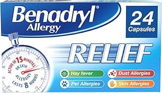 Benadryl Allergy Relief Capsules (1 x 24), Antihistamine Capsules with Acrivastine, Hayfever Tablets for Relief, Suitable for Pet, Dust, and Skin Allergies