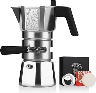 Bincoo 120ML/2 Cup Stovetop Espresso Maker Double Valve Moka Pot with Thermostat Extractor,Italian Espresso Moka Pot with Powder Dispenser and Filter Paper for Home,Silver