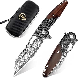 AUBEY Damascus Pocket Knife for Men, Damascus Steel Blade, Folding Knives with Wooden Handle, EDC Damascus Knife for Outdoor Camping Collection Gift