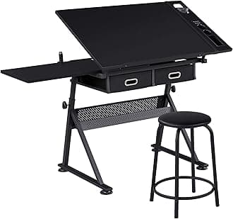 Yaheetech Drafting Table for Artists, Height Adjustable Drawing Desk Art/Craft Desk Diamond Paintings Work Station w/ 2 Storage Drawers and Stool for Home Office School, Black