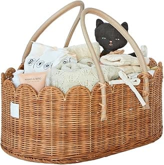 BEBE BASK Premium Baby Diaper Caddy Organizer - Handmade & Award-Winning Scalloped Rattan Basket - Luxury Diaper Caddy Basket - Elegant Scalloped Edge (Mocca)