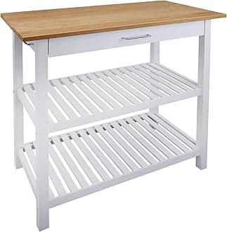 Kitchen Island with Solid Wood Top, White & Cherry Natural