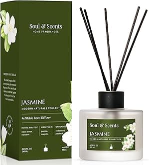 Soul & Scents Glass 120ml Jasmine Reed Diffuser Set | Free 6 Fiber Reed Sticks | Stress Relief & Aromatherapy | Long-Lasting, Smoke-Free Air Freshener for Home, Bedroom & Office | Ideal for Gifting
