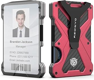 Minimalist Wallet for Men- Slim Aluminum Metal Money Clip Wallet with Clear ID Card Holder, Carbon Fiber Wallet, RFID Blocking,Holds up 15 Cards with Cash Clip,Ultra-Thin Tactical Wallet- Red, Red