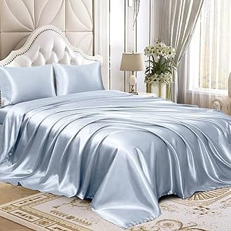 Homiest 4pcs Satin Sheets Set Luxury Silky Satin Bedding Set with Deep Pocket, 1 Fitted Sheet + 1 Flat Sheet + 2 Pillowcases (King Size, Baby Blue)