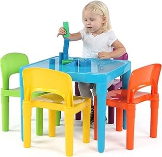 Humble Crew, Blue Table & Red/Green/Yellow/Purple Kids Lightweight Plastic Table and 4 Chairs Set, Square