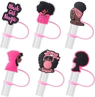 6Pcs Black Girl Straw Cover Cap for Stanley Cup Accessories, 10mm Cute Pink Drinking Straw Topper for 40oz 30oz Stanley Tumbler, Dust-Proof Reusable Straw Tips Gifts for Women