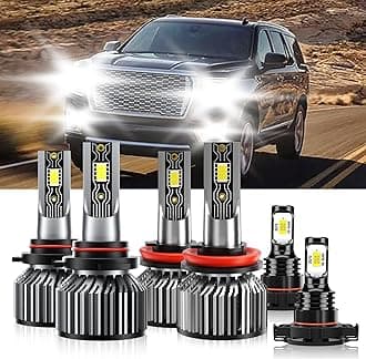 Compatible For GMC Yukon 2015-2019 9005 H11 High/Low Beam 5202 Fog Light Bulbs, 600% Brightness 6500K White with Cooling Fan, Plug and Play, IP68 Waterproof Pack of 6