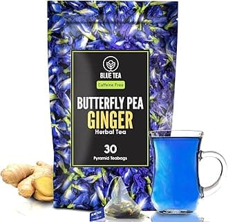 BLUE TEA - Butterfly Pea Ginger Herbal Tea - 30 Pyramid TB || Immunity Building || Caffeine Free | Eco-Conscious Premium Zipper Pack