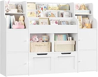 FINETONES Toy Storage Organizer, Large Toy Organizers and Storage with 8 Storage Cubbies and 2 Movable Drawers, Toy Shelf Organizer with 4 Display Shelves, 3-Tier Kids Bookshelf and Toy Storage