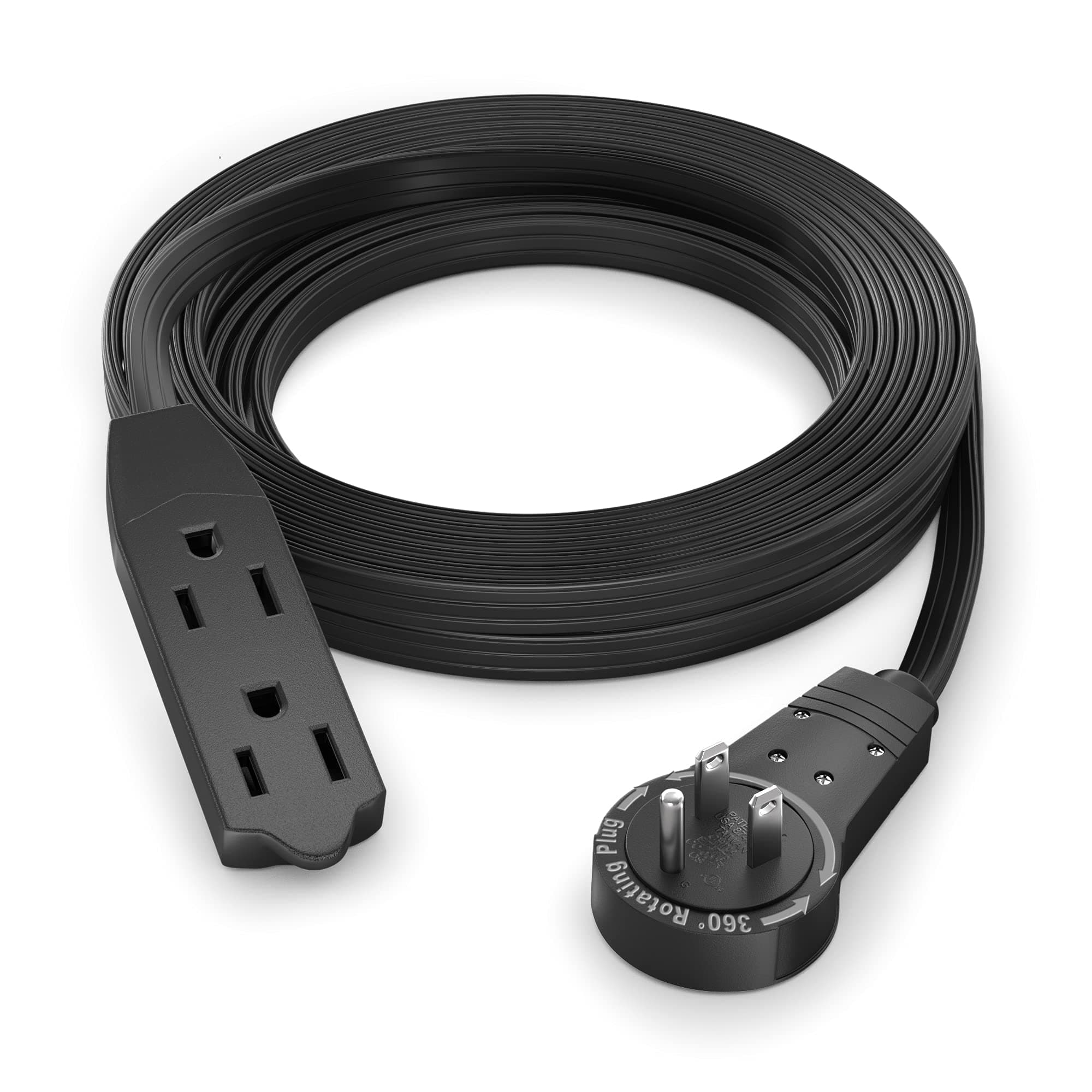Maximm Cable 12 Ft 360° Rotating Flat Plug Extension Cord/Wire, Multi Outlet Extension Wire, 3 Prong Grounded Wire - Black - UL Certified