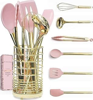 Pink Silicone & Gold Cooking Utensils with Stainless Steel Utensil Holder - Gold Whisk, Gold Ladle, Gold and Pink Spatula, Gold & Pink Tongs, Pink & Gold Serving Spoon, Turner, Gold Utensil Holder