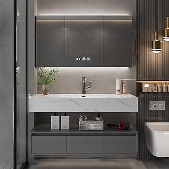 Bathroom Vanity Sink Set - Wall Mounted Floating Vanity Cabinet with Integrated Sink, Intelligent Vanity Mirror with Time Display, LED Lights & Defogging Function, 3 Soft-Close Doors (52IN)