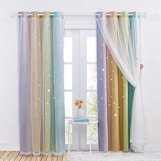 NICETOWN Rainbow Curtains for Kids - Star Cut Out Double Layer Blackout Curtains with Voile Thermal Privacy Protection for Nursery Bedroom Living Room, 2 Panels, W52 x L95 Inch (132x241 cm),Rainbow