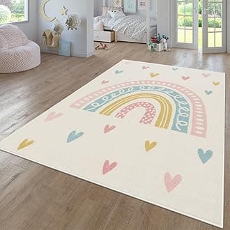 TT Home Nursery Area Rug Kids Rug For Bedroom Girls Boys Modern Rainbow Cloud Rug Animal Motif Colourful, colour:Cream4, Size:240x340 cm
