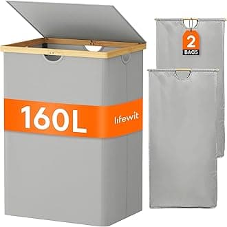 Lifewit 160L Double Laundry Hamper with Lid, Extra Large Bamboo Laundry Basket Dirty Clothes Hamper, 2 Section Laundry Bin Organizer for Laundry Room Bedroom with 2 Removable Liners & Bags,Silver Gray
