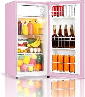 Seaoola Mini Fridge with Freezer, Single Door 3.1 Cu.Ft, Compact Mini Refrigerator, LED Light, Adjustable Thermostat, Removable Glass Shelves, Small Refrigerator for Dorm/Office/Bedroom(Pink)