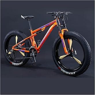 Mountain Bikes Men 26 Inch Adult Fat Tyre Mountain Bike with Full Suspension, High-carbon Steel Large Frame Dual Disc Brake Giant Bicycle,Orange 3 Spoke,27 Speed