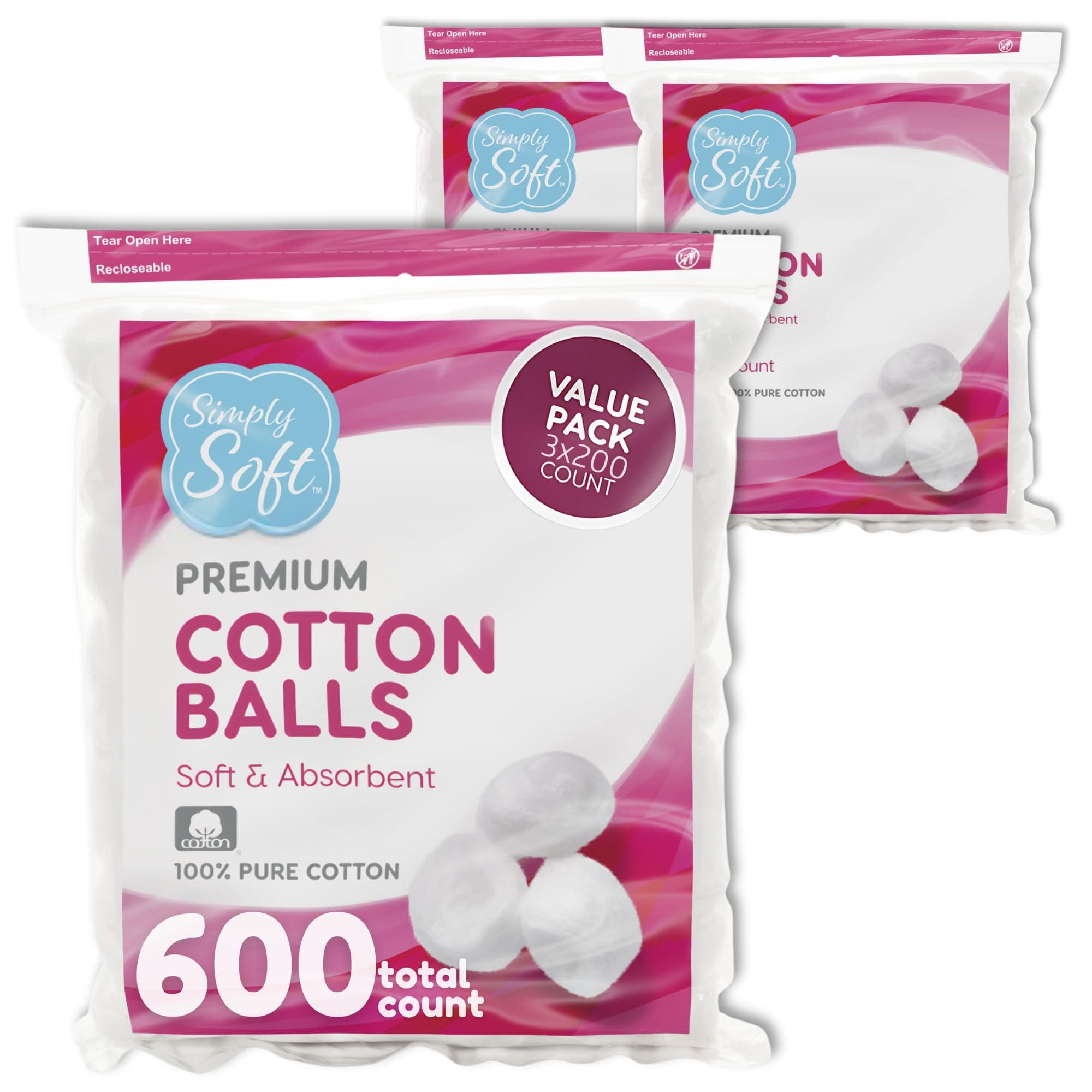 Premium Cotton Balls (600 Count), 100% Pure Cotton, Large Cotton Balls for Face and Nail Polish Remover
