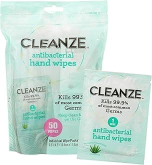 Antibacterial Hand Sanitizing Wipes Individually Wrapped with Aloe, Unscented Disinfecting Hand Wipes for Travel and On the Go Sanitizing, Kills 99.9 Percent of Germs, 50 Count