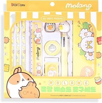Molang Best School Stationery Set - Kawaii Korean Kit (Pencil 3pcs, Eraser, Sharpener,Case, 6-Color Ballpoint Pen, Figure, Ruler) Complete Supplies for Office,Art, Writing, Multicolor (MOL005)