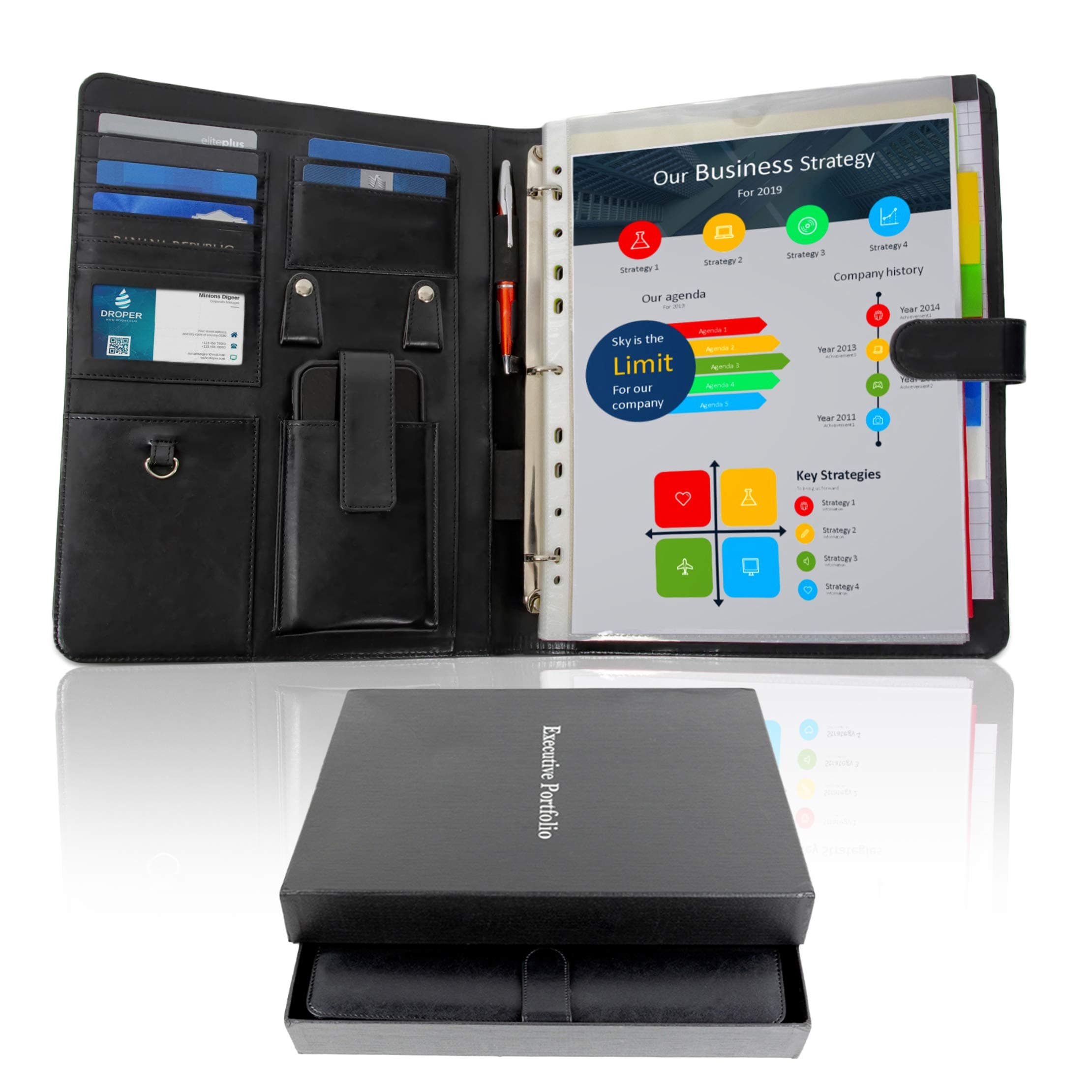 A4 Conference Folder, Removable 3 Ring Binders Leather Presentation Display Document Holder Organiser Plastic Sleeves for Filofax Paper, Notebook, Certificate, Business Cards, Padfolio Portfolio Case