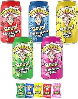 Warheads Sour Soda Pop Variety Pack, Five - 12 oz. Cans Warheads Extreme Sour Candy - Blue Raspberry, Black Cherry, Lemon, Green Apple, Watermelon and 5 Pieces of War Heads Candy