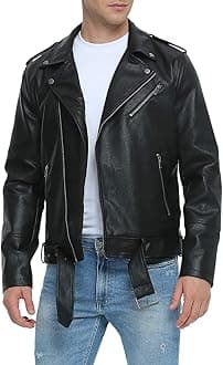 Leather Jackets for Men, Faux Bomber Jacket Mens Motorcycle Lapel Asymmetric Zip-Up Belt Slim Fit Biker Coat