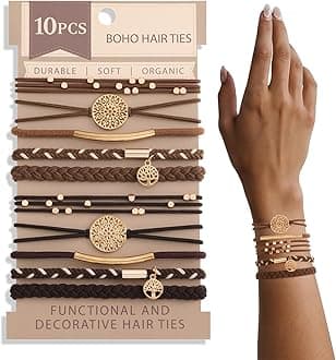 SYGY 10 PCS Boho Hair Ties, Bracelets for Thick & Thin Hair, 5 Styles No Damage, Dark Coffee Colors