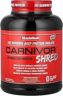 Carnivor Shred Fat Burning Hydrolized Beef Protein Isolate, 0 Lactose, 0 Sugar, 0 Fat, Halal Certified, Vanilla Caramel, 4 Pound, 56 Servings