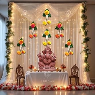 Ganpati Decoration Items | Pooja Room Decor Items | Backdrop for Haldi Ceremony with Net Curtains and LED Lights for Decoration (Mari Hanging+NET)