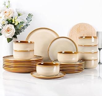 LERATIO Ceramic Dinnerware Sets for 8,Plates and Bowls Sets,Reactive Glaze Dishes Set,Highly Chip and Crack Resistant | Dishwasher & Microwave & Oven Safe Dishes set,Service for 8-Kahki (24pc)
