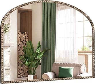 Arched Antique Gold Mirror with Beaded, 28"x36" Decorative Wall Mirrors, Champagne Bronze Brass Frame Vintage Mirror for Bedroom Dressing Room Entryway Fireplace