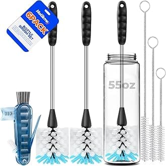 Holikme 6 Pack Bottle Brush Set, 14" Long Handle Stainless Steel Bottle Cleaner Brush, 3 Straw Brushes, 3-in-1 Bottle Cleaning Brush for Water Bottle, Baby Bottle, Blue&White