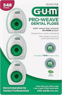 GUM Pro-Weave Woven Dental Floss, Shred Resistant Waxed Floss, Mint Flavored, 3 Count + 2 Travel Units