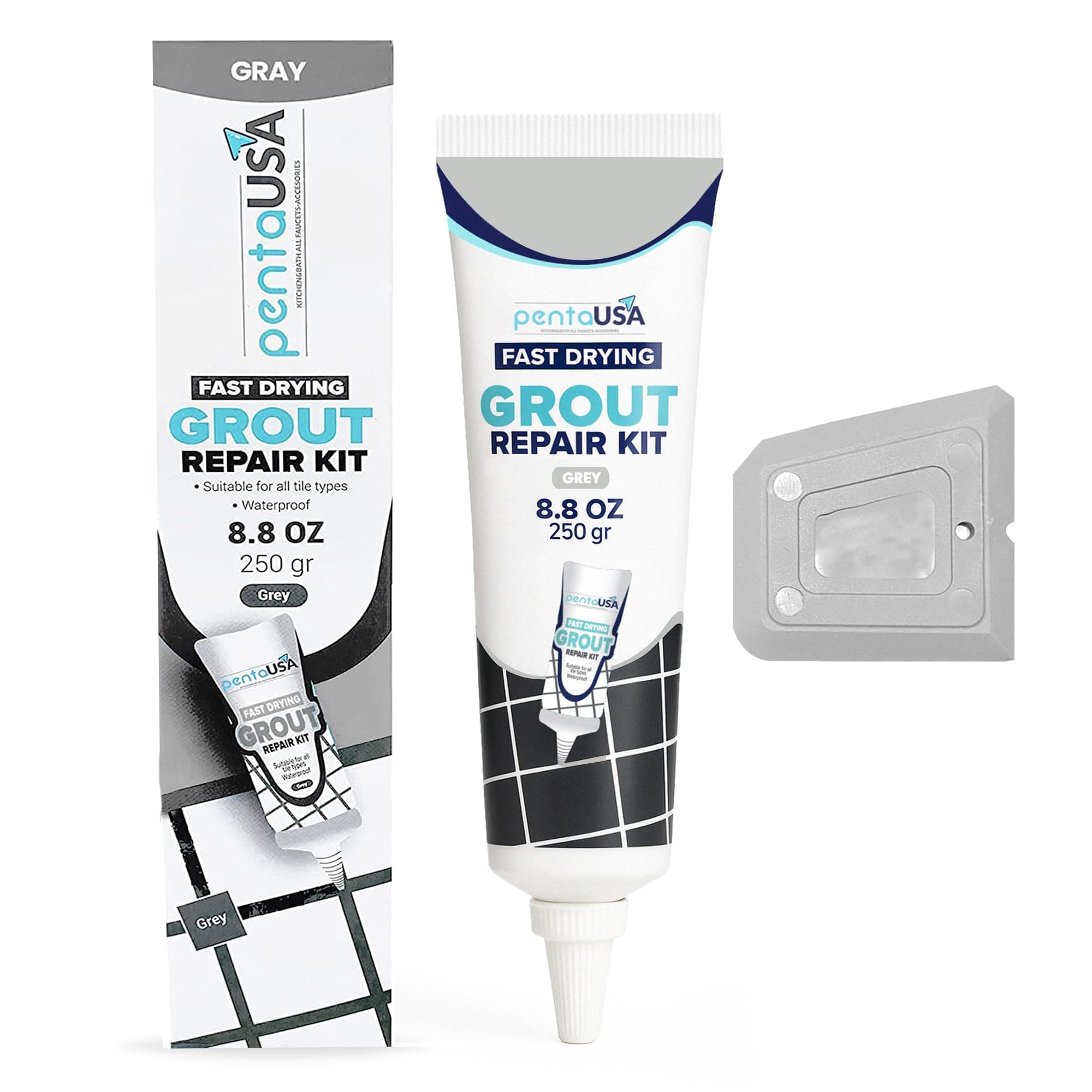 PentaUSA Tile Grout Repair Kit - Premixed Sanded Grout for Bathroom, Shower & Kitchen - Repairs, Renews & Restores, Waterproof Formula - Gray (8.8oz / 250gr)