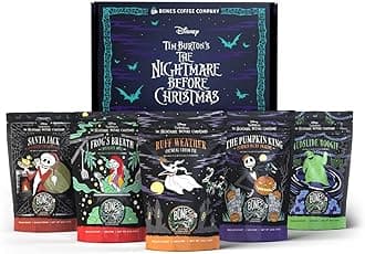 Bones Coffee Company The Nightmare Before Christmas Collector's Box 5 Flavored Coffee Low Acid Medium Roast Arabica Beans Specialty Coffee Gifts For Auto Drip and French Press, 4 oz Pack of 5 Whole