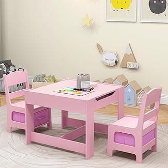 Kids Table and Chair Set, 3 in 1 Wooden Activity Table for Toddlers Arts, Crafts, Drawing, Reading, Playroom, Toddler Table and Chair Set w/ 2 in 1 Tabletop, Storage Space, Gift for Boy & Girl