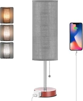 Dott Arts 18" Table Lamp for Bedroom, 3-Color Bedside Lamps with Pull Chain, Bedroom Table Lamps for Nightstand,AC Outlet Small Lamp for Living Room, Bulb Included Grey