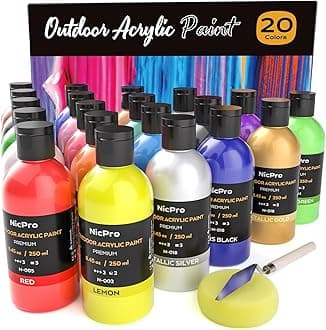 Nicpro 20 Colors Large Bulk Outdoor Acrylic Paint Set (8.45 oz, 250 ml) Rich Art Painting Supplies, Non Toxic for Multi Surface Canvas Rock Wood Leather Fabric Stone Metal Wall Craft with Color Wheel