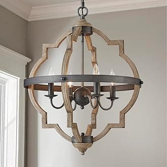 Saint Mossi 4-Lights Farmhouse Chandelier for Dining Room, Rustic Globe Black Chandeliers for Dinging Room, Orb Drum Chandeliers Light Fixtures, H22 x D20, Wood Grain Metal Frame